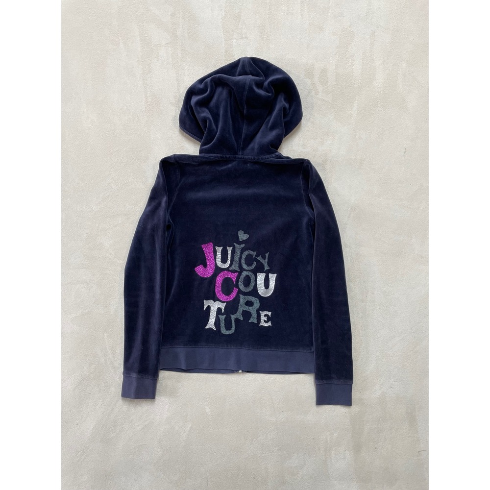 Juicy Couture Girls Navy Blue Velour Zip Up Hoodie Glitter Logo Size 12 JY000059